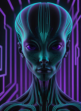 Alien Portrait Mysterious Futuristic Blue Cyber Background