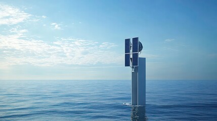 A single solar panel sits atop a tall, thin tower in the middle of a vast blue ocean. The sky is a light blue with fluffy white clouds.