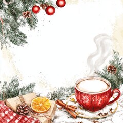 New Year card, blank, template, background, banner, invitation, fir tree branches, cup of hot tea, gifts, on white background with free space for text , watercolor illustration