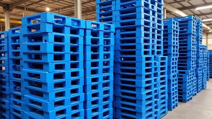 Bright blue plastic pallets neatly stacked in spacious factory storage area