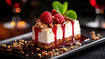 Delicious cheesecake topped with fresh raspberries and drizzled with raspberry sauce on a black plate, perfect for dessert lovers.