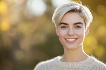 Backlit image of a Smiling charming young blonde posing at a beautiful park looking at the camera	