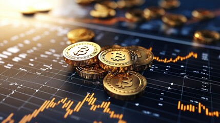 Digital coins on stock market graph symbolize cryptocurrency investment and financial growth in modern economy.