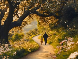 Canine Companion Strolling through Verdant Woodland Path on Serene Summer Afternoon