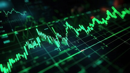 Fototapeta premium Dynamic financial market graph showing green upward trends and fluctuations on a digital display. Perfect for finance-related themes.