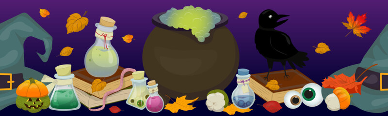 Collection of various witchcraft accessories. Test tubes, eyes, hat, spiders, pumpkins. Colorful vector illustration halloween stripe