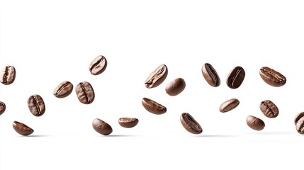 Obraz premium Coffee beans are suspended in the air, beautifully showcasing their rich textures and colors against a crisp white background illuminated by studio lighting.