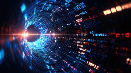 Obraz premium Futuristic tunnel of glowing data streams and vibrant lights, symbolizing technology and digital transformation.