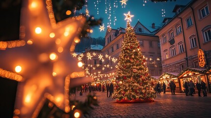 Magical Christmas Market with Beautifully Decorated Tree and Sparkling Lights in a Festive Town Square