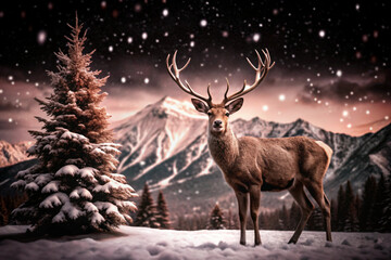 Image of a deer standing in a snowy field next to a spruce tree in the foreground and a mountain range in the background.
