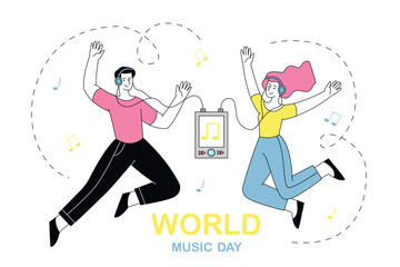 World music day. Man and woman in headphones listening to music on player. Favorite songs and playlists. International holiday and festival 21 June. Linear vector illustration