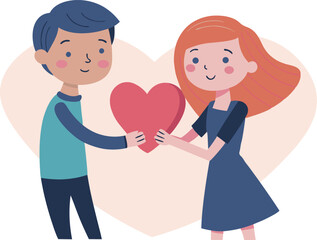 Cute couple in relationship holding big heart. Love concept design. Flat vector illustration