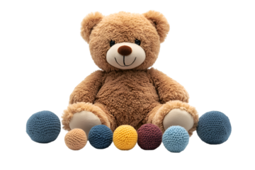 a teddy bear with many colored balls