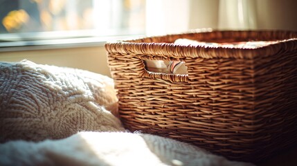 Obraz premium A wicker basket sits on a white blanket with a window in the background.