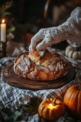 Obraz premium rustic loaf of sourdough bread perfectly baked