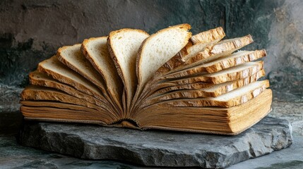 This artistic representation features an open book made of bread slices, merging culinary art with scripture symbolism in a stunning kitchen, showcasing creativity and visual delight