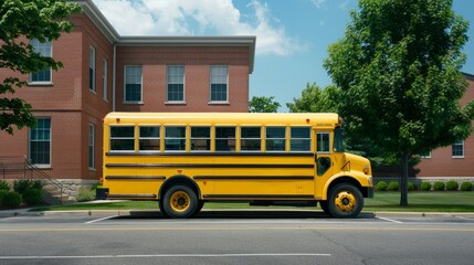 A bright yellow school bus is parked outside a sleek modern building on an exceptionally beautiful sunny day