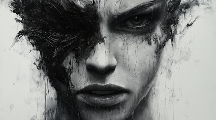 black and white abstract portrait representing destructive mind