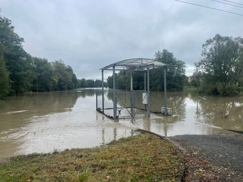 Massive flooding caused by storm Boris in Central Europe. view of the flooded river and flooded meadows in Czech republic, River Lucina near Ostrava