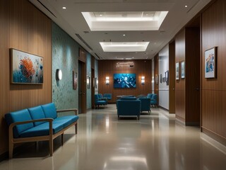 Modern Hospital Waiting Room with Blue Chairs and Contemporary Art, AI-Generated
