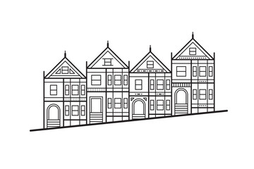 Painted Ladies Famous Victorian Row Houses on Alamo Square in San Fransisco, California. Black line illustration.
