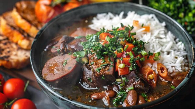 Feijoada, brazilian food moves with smoke around
