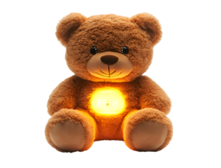 a stuffed bear with a glowing light. 