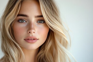 Naklejka premium Close-up portrait of a beautiful young woman with blonde hair and blue eyes.