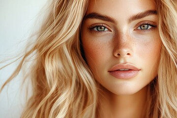 Fototapeta premium Close-up portrait of a young woman with blonde hair and blue eyes.