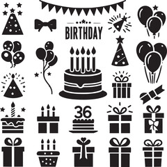 Party celebration thin line icons set. Birthday, holidays, event, carnival festival. Basic party elements icons collection. Vector simple linear design.