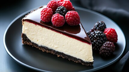This delightful slice of creamy cheesecake is adorned with glossy chocolate and fresh berries, showcasing a striking contrast against the black plate, perfect for dessert lovers