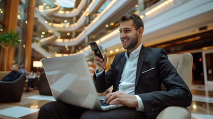 Portrait of happy young businessman using laptop computer and talking on smartphone in hotel hall