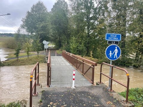 Massive flooding caused by storm Boris in Central Europe. view of the flooded river and flooded meadows in Czech republic, River Lucina near Ostrava