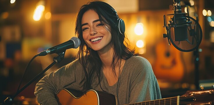 Joyful woman with dark hair singing and playing guitar while wearing headphones in recording studio