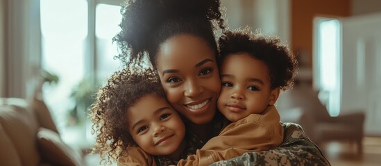 A loving mother in military uniform hugging her two young children with warmth and affection at home