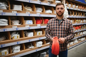 Electrician in the electrical component store. Construction industry, electrical system