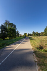 A person is walking on a path in a park