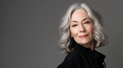 Fototapeta premium Portrait of a mature woman with gray hair in the studio
