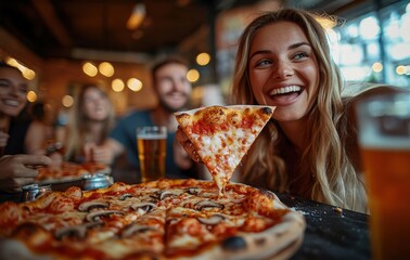 A group of friends laughing and enjoying pizza together at a cozy restaurant setting with beer and cheerful atmosphere