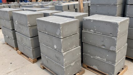 Industrial concrete blocks neatly stacked on pallets in outdoor yard setting