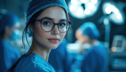 Female doctor in glasses and blue scrubs focused in a surgical room setting with blurred colleagues in the background
