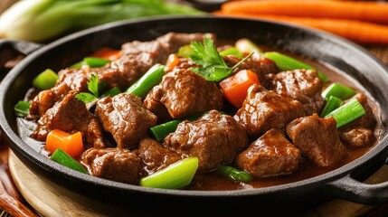 Enjoy a colorful Korean hot pot featuring juicy beef and assorted vegetables, beautifully arranged in a traditional black pot alongside fresh side dishes.