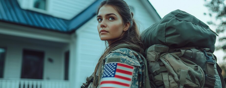 Confident female soldier wearing uniform stands proudly in front of her home holding an American flag, showcasing patriotism and honor