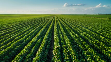 Aerial view of a huge, lush bean field with a clear blue sky in the background.