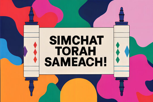 Colorful Torah Scroll with "Simchat Torah Sameach" on Abstract Background, modern festive card
