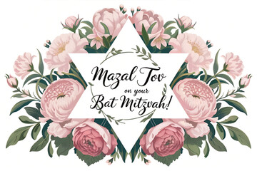 Floral Star of David with "Mazal Tov on Your Bat Mitzvah" Greeting, elegant Jewish design