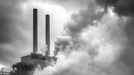 The towering chimneys of an industrial plant in Amsterdam release billowing plumes of steam into the overcast sky. 