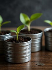 Plants growing in coin containers, symbolizing financial growth and sustainability.
