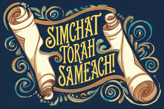  Ornate Torah Scrolls with "Simchat Torah Sameach" Greeting on Dark Blue Background