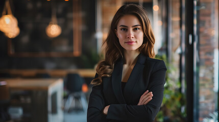 Fototapeta premium Portrait of successful business woman inside office, standing with arms crossed
